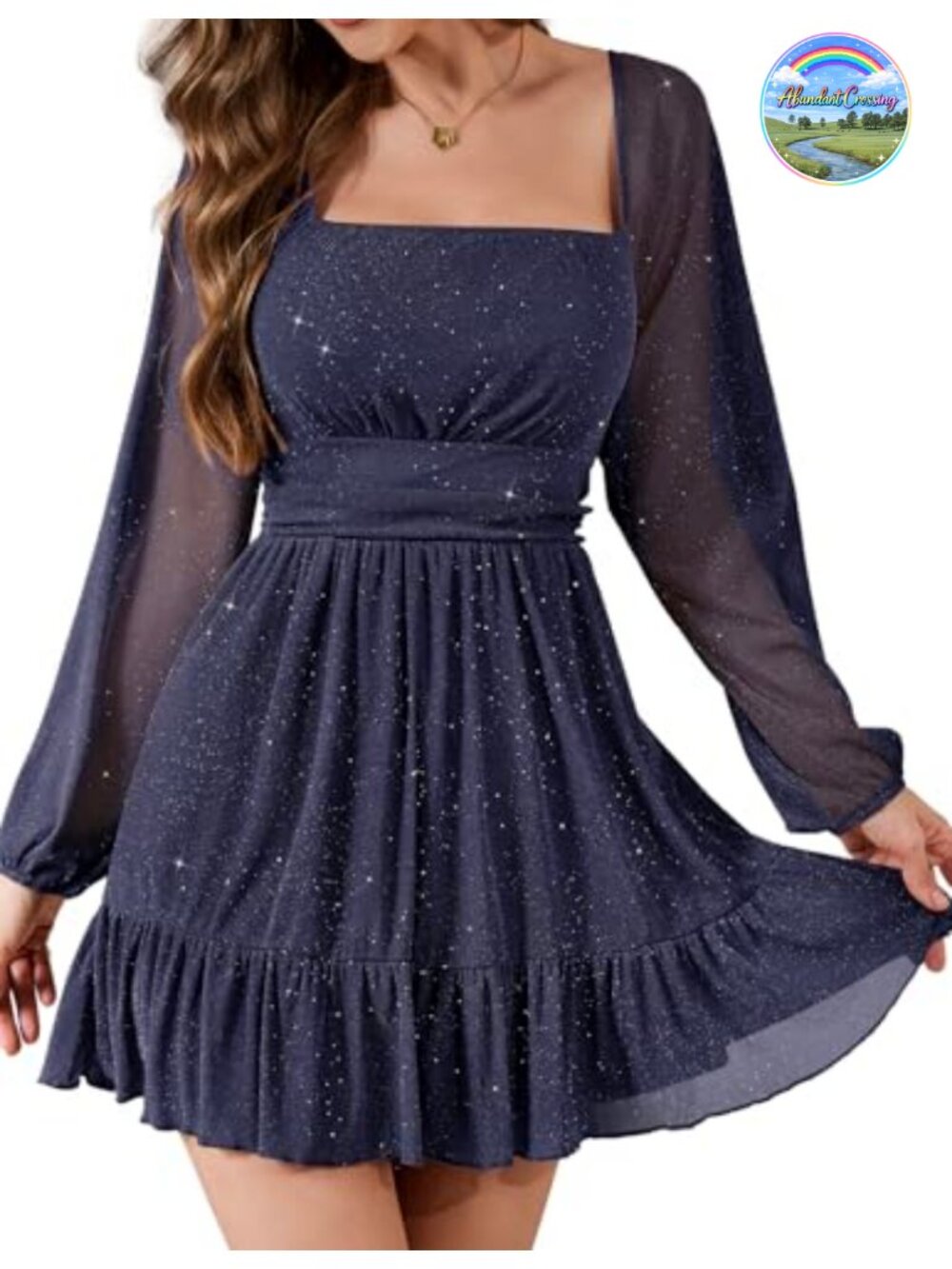 Women's Sparkly Long Sleeve Cocktail Dress - Ruched, Lined, Square Neck